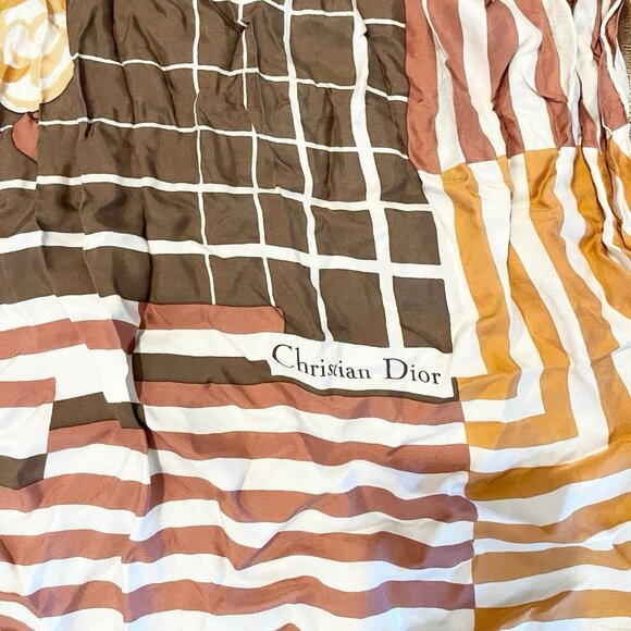 Christian‎ Dior Floral Scarf Made in Italy Orange Brown Vintage 100% Silk Stripe - Picture 3 of 6